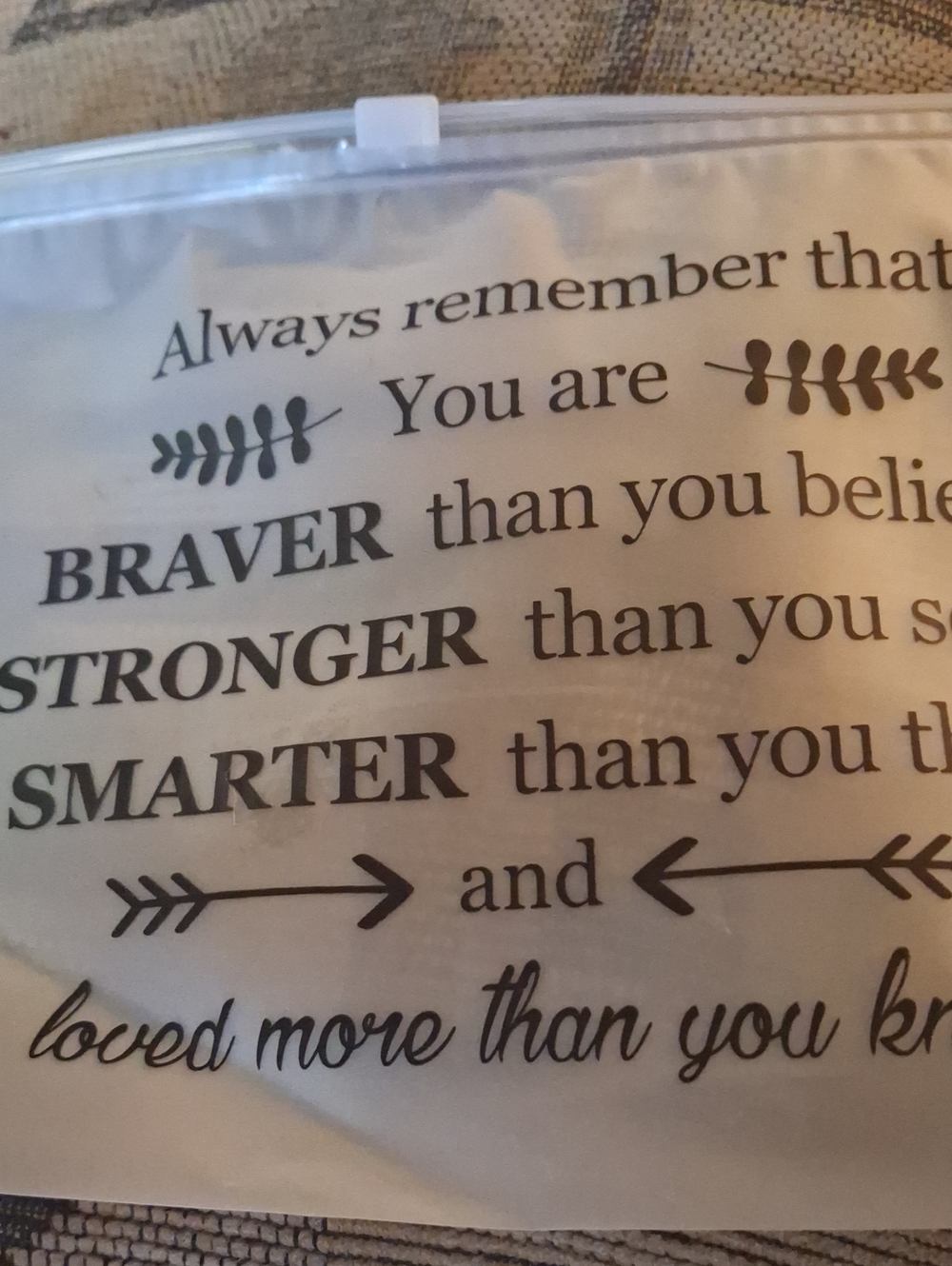 Inspirational Quote Clear Pouch Black Text Transparent Braver Smarter Stronger